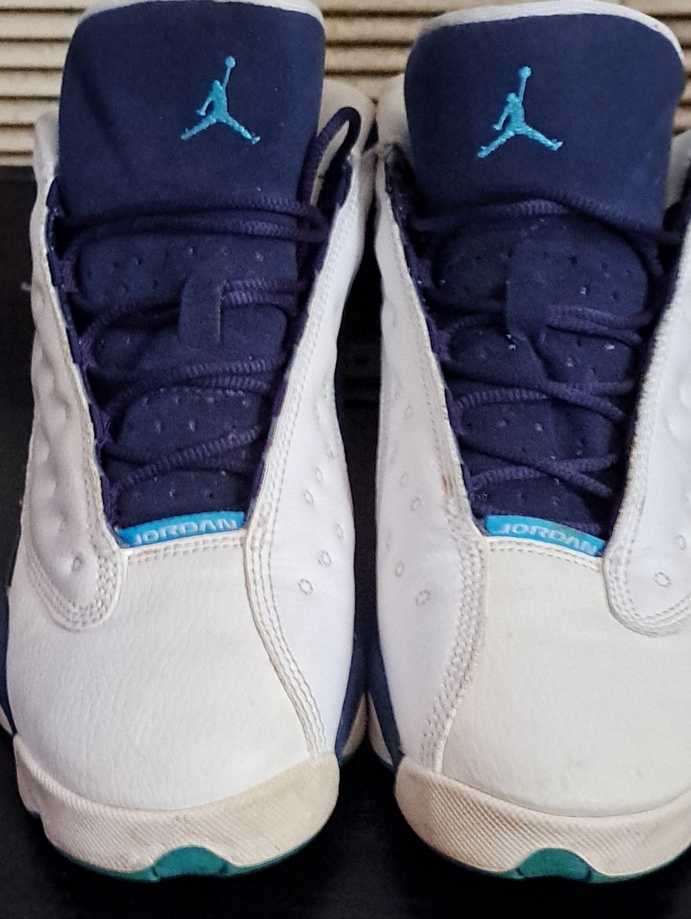 Jordan White and Navy Sneakers with Teal Jumpman